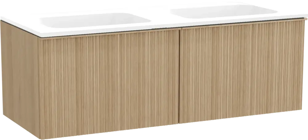 Sonderangebot Balmani Forma hängendes Möbelstück Set: 135 x 55 cm, Naturbelassene Eiche, mit Tablo Strada Doppelwaschtisch, Marmorkomposit, Weiß matt, Vertikale asymmetrische Runde Rippe