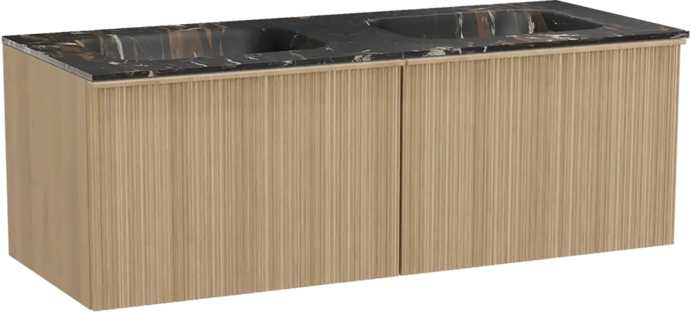 Balmani Forma hängendes Möbelstück Set: 135 x 55 cm, Naturbelassene Eiche, mit Tablo Arcato Doppelwaschtisch, Marmor, Portoro Gold, Vertikale asymmetrische Runde Rippe Abverkauf