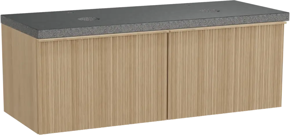 Saisonangebot Balmani Forma hängendes Möbelstück Set: 135 x 55 cm, Naturbelassene Eiche, mit Rock Doppel Waschtischplatte, Granit, Schwarzes Granit, Vertikale asymmetrische Runde Rippe