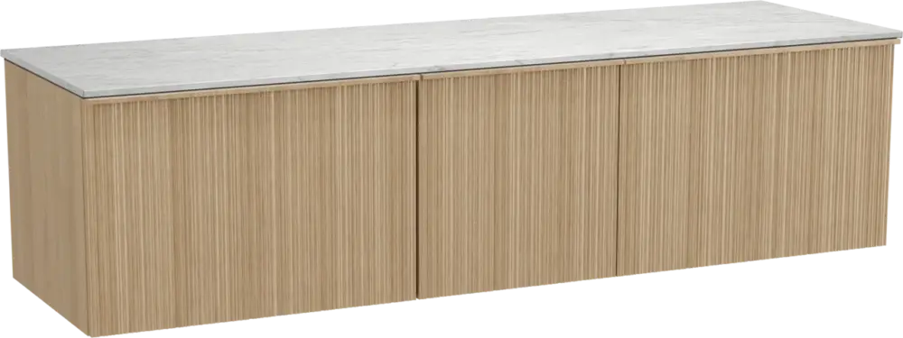 Top-Preis Balmani Forma hängendes Möbelstück Set: 180 x 55 cm, Naturbelassene Eiche, mit Stretto Einzel- oder Doppel Waschtischplatte, Marmor, Carrara, Vertikale asymmetrische Runde Rippe