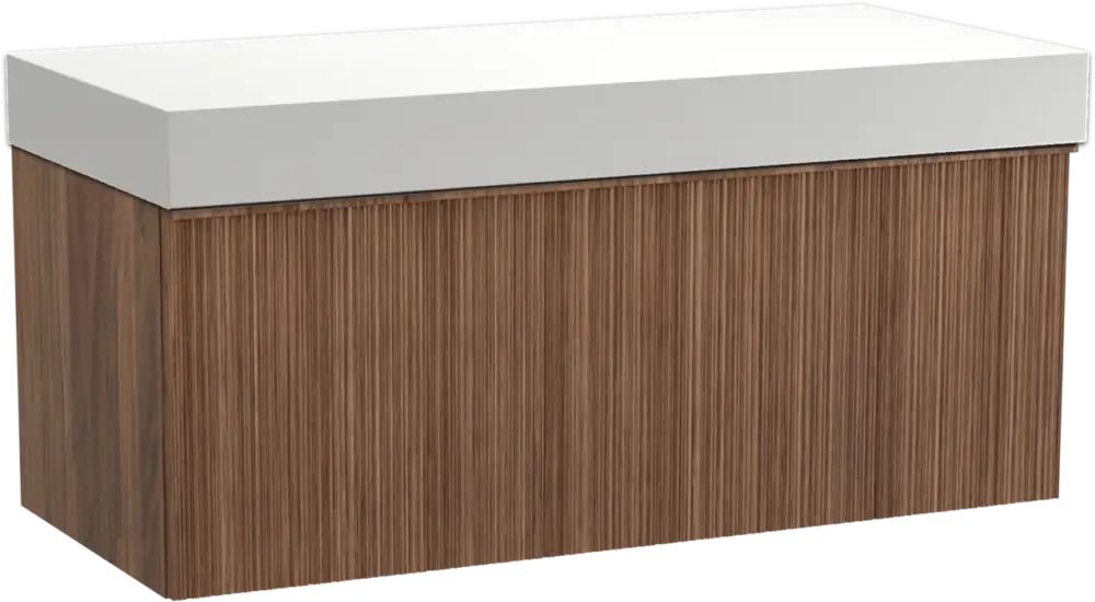 Direkt Vom Hersteller Balmani Forma hängendes Möbelstück Set: 120 x 55 cm, Amerikanischer Nussbaum, mit Dominus Einzel- oder Doppel Waschtischplatte, Solid Surface, Weiß matt, Vertikale asymmetrische Runde Rippe