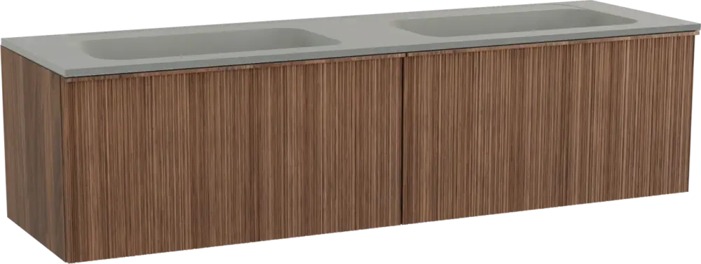 Balmani Forma hängendes Möbelstück Set: 180 x 55 cm, Amerikanischer Nussbaum, mit Tablo Strada Doppelwaschtisch, Marmorkomposit, Seidengrau, Vertikale asymmetrische Runde Rippe Abverkauf