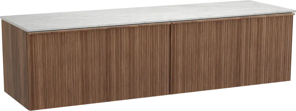Balmani Forma hängendes Möbelstück Set: 180 x 55 cm, Amerikanischer Nussbaum, mit Stretto Einzel- oder Doppel Waschtischplatte, Marmor, Carrara, Vertikale asymmetrische Runde Rippe Meistverkauft