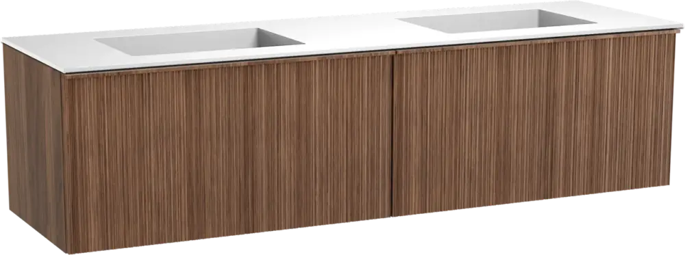 Rabatt Balmani Forma hängendes Möbelstück Set: 180 x 55 cm, Amerikanischer Nussbaum, mit Tablo Stretto Doppelwaschtisch, Solid Surface, Weiß matt, Vertikale asymmetrische Runde Rippe