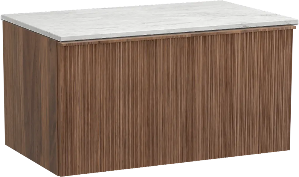 Balmani Forma hängendes Möbelstück Set: 90 x 55 cm, Amerikanischer Nussbaum, mit Stretto Einzel Waschtischplatte, Marmor, Carrara, Vertikale asymmetrische Runde Rippe Markenprodukt