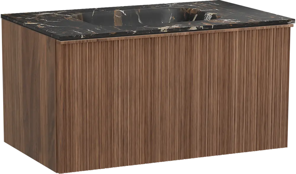 Balmani Forma hängendes Möbelstück Set: 90 x 55 cm, Amerikanischer Nussbaum, mit Tablo Arcato Einzelwaschtisch, Marmor, Portoro Gold, Vertikale asymmetrische Runde Rippe Schnäppchen