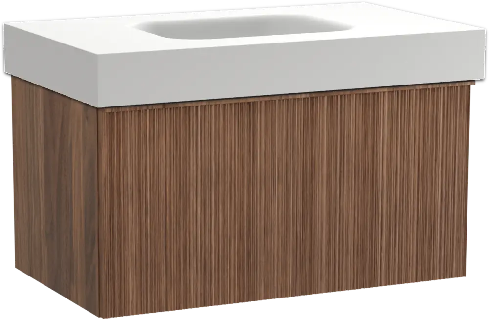 Preiswert Balmani Forma hängendes Möbelstück Set: 90 x 55 cm, Amerikanischer Nussbaum, mit Arcato Einzelwaschtisch, Solid Surface, Weiß matt, Vertikale asymmetrische Runde Rippe