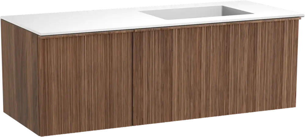 Sofort Bestellen Balmani Forma hängendes Möbelstück Set: 135 x 55 cm, Amerikanischer Nussbaum, mit Tablo Stretto Waschtisch rechts, Solid Surface, Weiß matt, Vertikale asymmetrische Runde Rippe