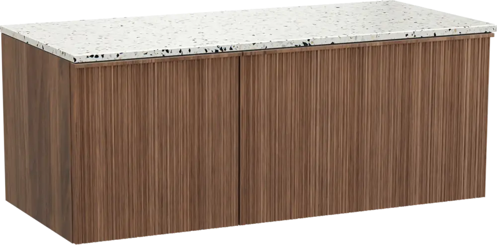 Top-Angebot Balmani Forma hängendes Möbelstück Set: 120 x 55 cm, Amerikanischer Nussbaum, mit Stretto Einzel- oder Doppel Waschtischplatte, Terrazzo in Weiß/Schwarz matt, Vertikale asymmetrische Runde Rippe