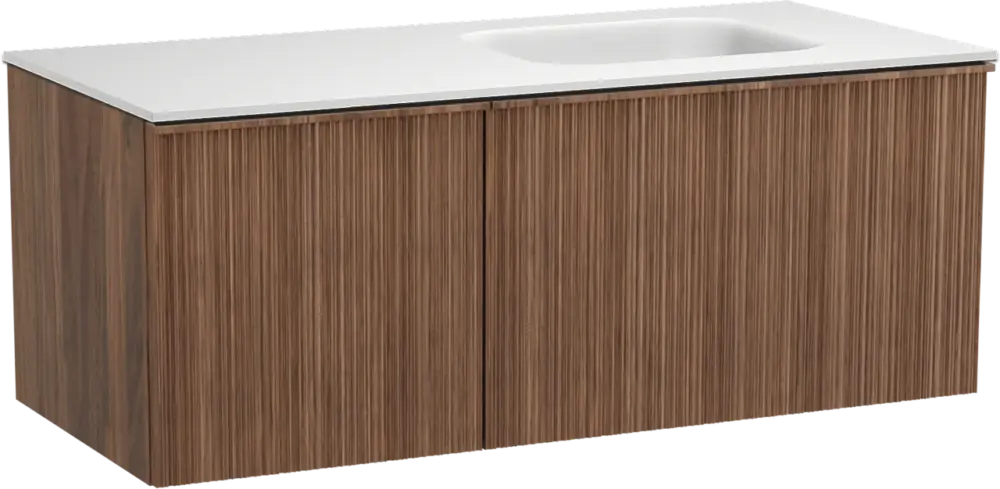 Nur Heute Balmani Forma hängendes Möbelstück Set: 120 x 55 cm, Amerikanischer Nussbaum, mit Tablo Arcato Waschtisch rechts, Solid Surface, Weiß matt, Vertikale asymmetrische Runde Rippe