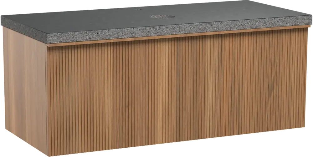 Schnäppchen Balmani Forma hängendes Möbelstück Set: 120 x 55 cm, Teak, mit Rock Einzel Waschtischplatte, Granit, Schwarzes Granit, Vertikale symmetrische gerade Rippe