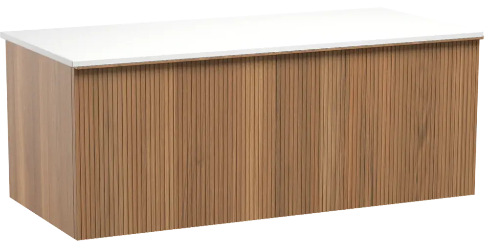 Garantierte Lieferung Balmani Forma hängendes Möbelstück Set: 120 x 55 cm, Teak, mit Stretto Einzel- oder Doppel Waschtischplatte, Solid Surface, Weiß matt, Vertikale symmetrische gerade Rippe