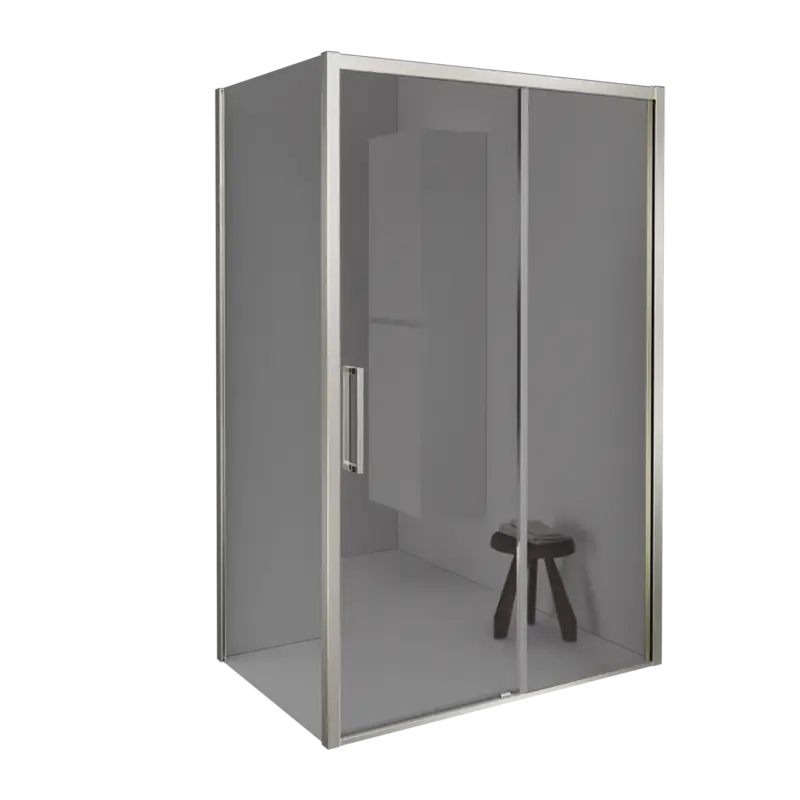 Expressversand Balmani Senses Design Eckdusche: Schiebetür (Rechts) mit fixierte Seitenwand, 160 x 80 cm, Reflex-Spiegelglas, Profil Brushed CoolMetal
