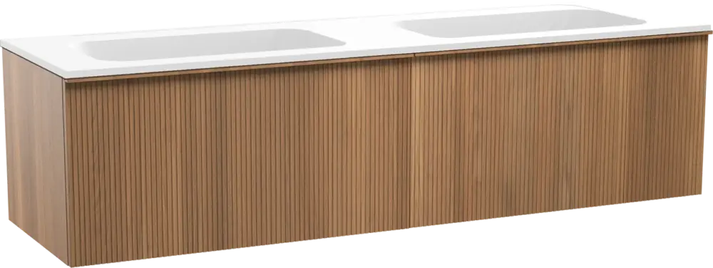 Balmani Forma hängendes Möbelstück Set: 180 x 55 cm, Teak, mit Tablo Strada Doppelwaschtisch, Marmorkomposit, Weiß matt, Vertikale symmetrische gerade Rippe Bestseller