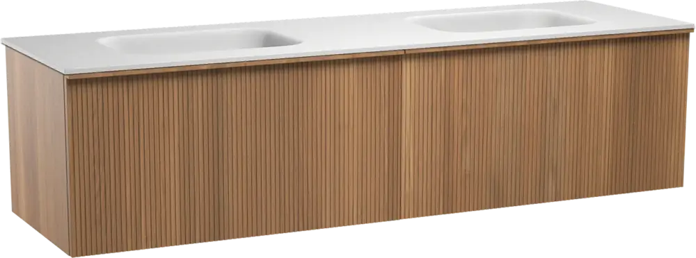 Balmani Forma hängendes Möbelstück Set: 180 x 55 cm, Teak, mit Tablo Arcato Doppelwaschtisch, Solid Surface, Weiß matt, Vertikale symmetrische gerade Rippe Markenprodukt