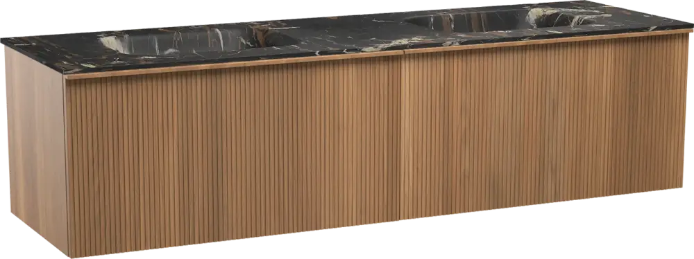 Begrenztes Angebot Balmani Forma hängendes Möbelstück Set: 180 x 55 cm, Teak, mit Tablo Arcato Doppelwaschtisch, Marmor, Portoro Gold, Vertikale symmetrische gerade Rippe