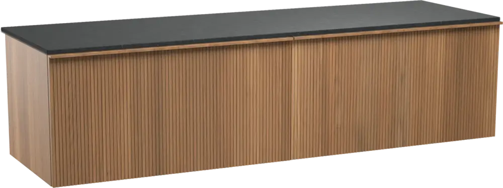 Neuheit Balmani Forma hängendes Möbelstück Set: 180 x 55 cm, Teak, mit Stretto Einzel- oder Doppel Waschtischplatte, Granit, Schwarzes Granit, Vertikale symmetrische gerade Rippe