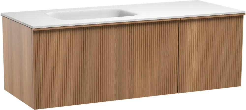 Balmani Forma hängendes Möbelstück Set: 135 x 55 cm, Teak, mit Tablo Arcato Waschtisch links, Solid Surface, Weiß matt, Vertikale symmetrische gerade Rippe Preis Gesenkt