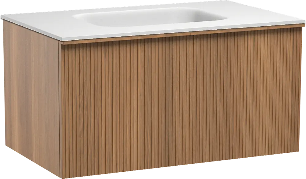 Schneller Versand Balmani Forma hängendes Möbelstück Set: 90 x 55 cm, Teak, mit Tablo Arcato Einzelwaschtisch, Solid Surface, Weiß matt, Vertikale symmetrische gerade Rippe