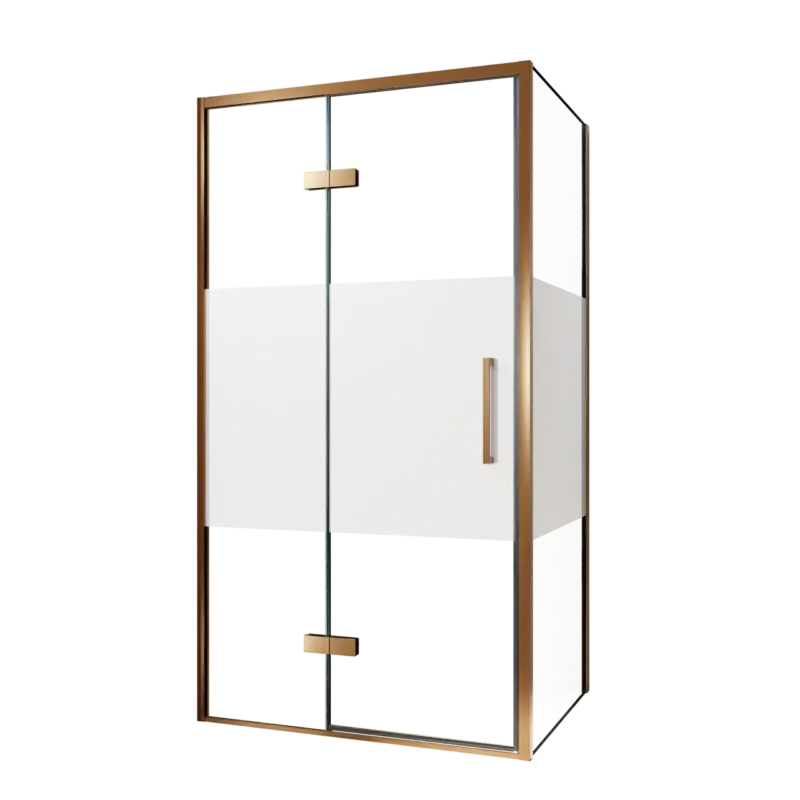 Super-Preis Balmani Senses Design Eckdusche: Drehtür (Links) mit fixierte Seitenwand, 100 x 80 cm, Klarglas mit mattiertem Streifen, Profil Brushed Rosegold