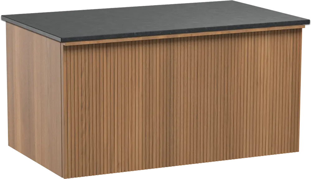 Jetzt Bestellen Balmani Forma hängendes Möbelstück Set: 90 x 55 cm, Teak, mit Stretto Einzel Waschtischplatte, Granit, Schwarzes Granit, Vertikale symmetrische gerade Rippe