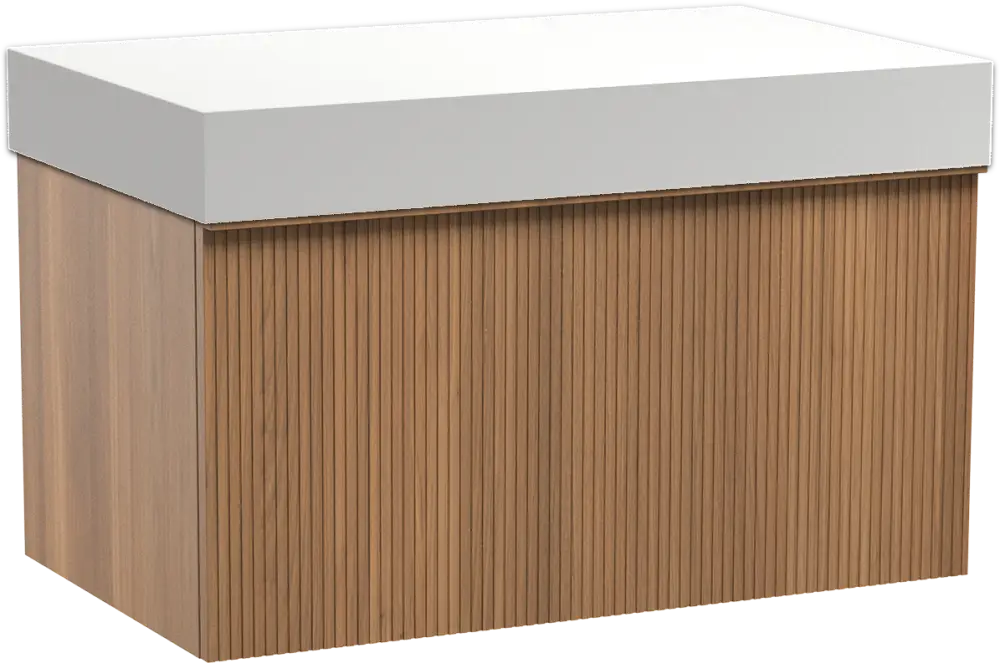 Garantierte Lieferung Balmani Forma hängendes Möbelstück Set: 90 x 55 cm, Teak, mit Dominus Einzel Waschtischplatte, Solid Surface, Weiß matt, Vertikale symmetrische gerade Rippe