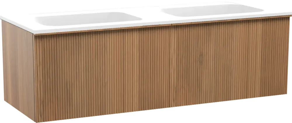 Neue Ware Balmani Forma hängendes Möbelstück Set: 150 x 55 cm, Teak, mit Tablo Strada Doppelwaschtisch, Marmorkomposit, Weiß matt, Vertikale symmetrische gerade Rippe