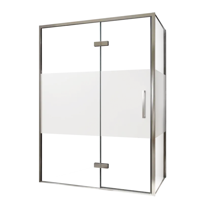 Preisknaller Balmani Senses Design Eckdusche: Drehtür (Links) mit fixierte Seitenwand, 140 x 80 cm, Klarglas mit mattiertem Streifen, Profil Chrom