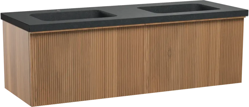 Finale Aktion Balmani Forma hängendes Möbelstück Set: 150 x 55 cm, Teak, mit Napoli Doppelwaschtisch, Granit, Schwarzes Granit, Vertikale symmetrische gerade Rippe