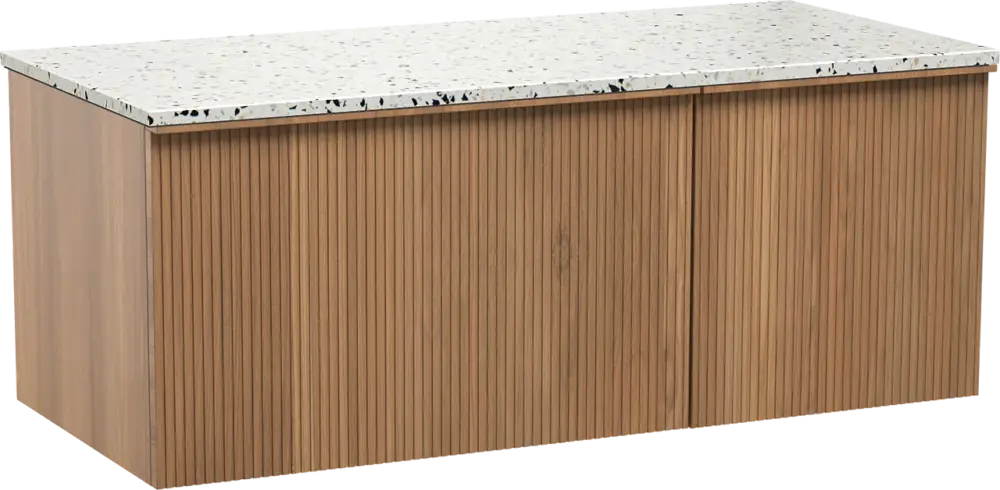 Balmani Forma hängendes Möbelstück Set: 120 x 55 cm, Teak, mit Stretto Einzel- oder Doppel Waschtischplatte, Terrazzo in Weiß/Schwarz matt, Vertikale symmetrische gerade Rippe Sale