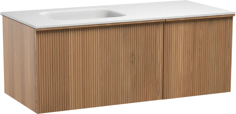 Jetzt Kaufen Balmani Forma hängendes Möbelstück Set: 120 x 55 cm, Teak, mit Tablo Arcato Waschtisch links, Solid Surface, Weiß matt, Vertikale symmetrische gerade Rippe