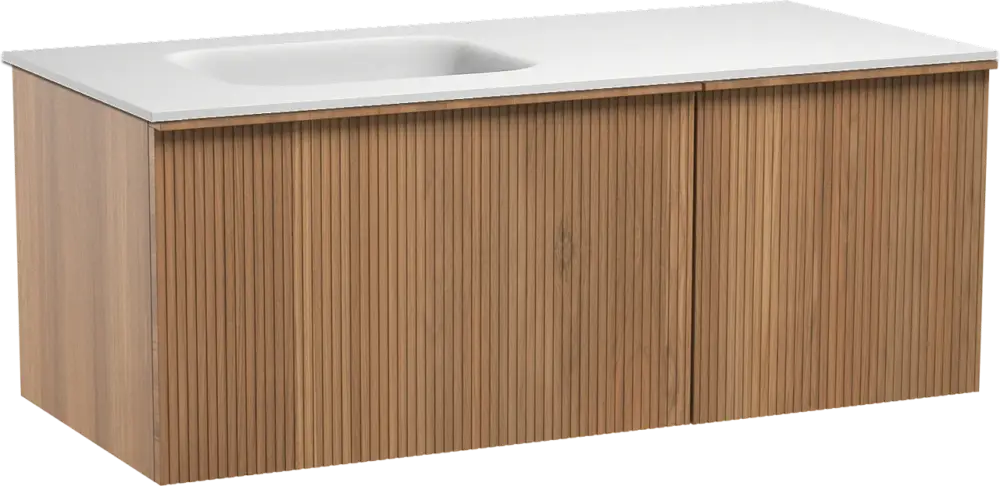 Balmani Forma hängendes Möbelstück Set: 120 x 55 cm, Teak, mit Tablo Arcato Waschtisch links, Solid Surface, Weiß matt, Vertikale symmetrische gerade Rippe Beliebt