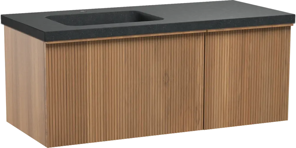 Aktuell Balmani Forma hängendes Möbelstück Set: 120 x 55 cm, Teak, mit Napoli Waschtisch links, Granit, Schwarzes Granit, Vertikale symmetrische gerade Rippe