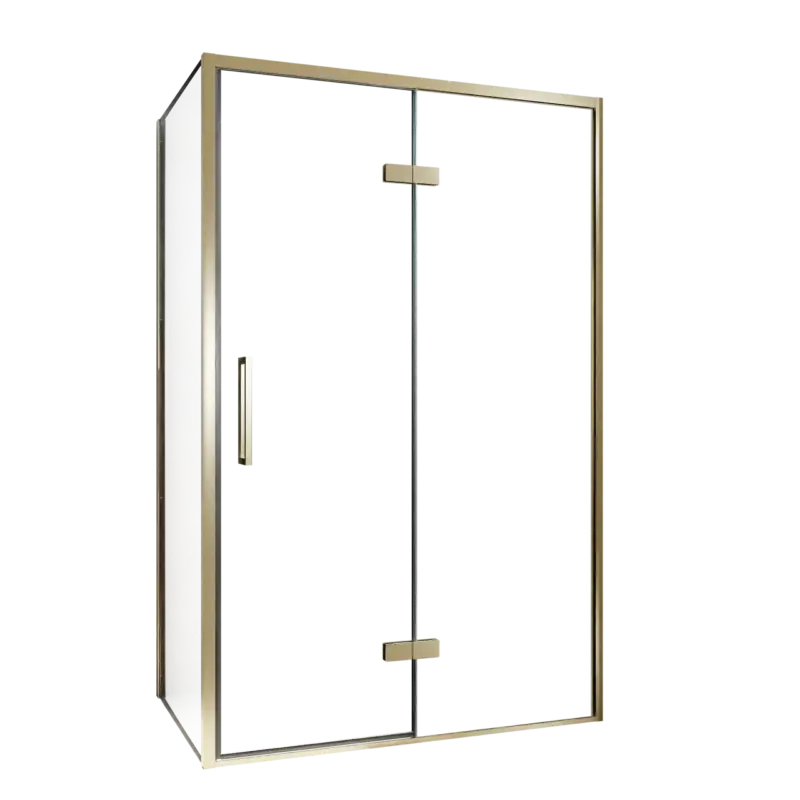 Balmani Senses Design Eckdusche: Drehtür (Rechts) mit fixierte Seitenwand, 120 x 100 cm, Klarglas, Profil Brushed Champagner Gold Finale Aktion