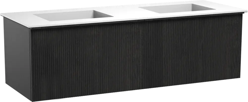 Günstig Balmani Forma hängendes Möbelstück Set: 150 x 55 cm, Schwarze Eiche, mit Tablo Stretto Doppelwaschtisch, Solid Surface, Weiß matt, Vertikale symmetrische gerade Rippe