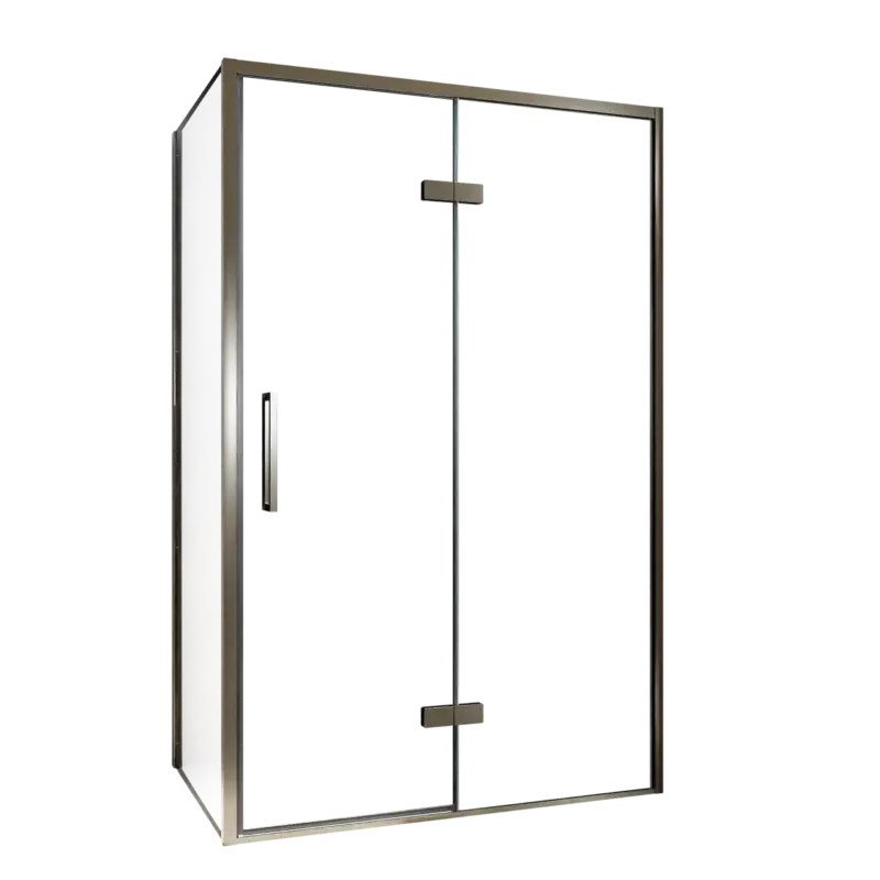 Saisonangebot Balmani Senses Design Eckdusche: Drehtür (Rechts) mit fixierte Seitenwand, 120 x 90 cm, Klarglas, Profil Brushed GunMetal