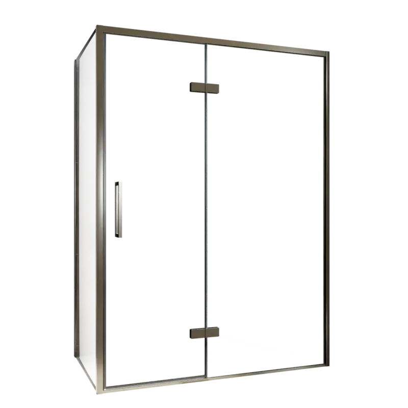 Preisreduziert Balmani Senses Design Eckdusche: Drehtür (Rechts) mit fixierte Seitenwand, 140 x 100 cm, Klarglas, Profil Brushed GunMetal
