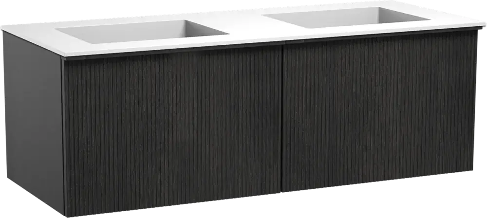 Heißes Angebot Balmani Forma hängendes Möbelstück Set: 135 x 55 cm, Schwarze Eiche, mit Tablo Stretto Doppelwaschtisch, Solid Surface, Weiß matt, Vertikale symmetrische gerade Rippe