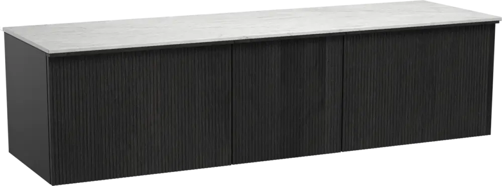 Balmani Forma hängendes Möbelstück Set: 180 x 55 cm, Schwarze Eiche, mit Stretto Einzel- oder Doppel Waschtischplatte, Marmor, Carrara, Vertikale symmetrische gerade Rippe Must-Have