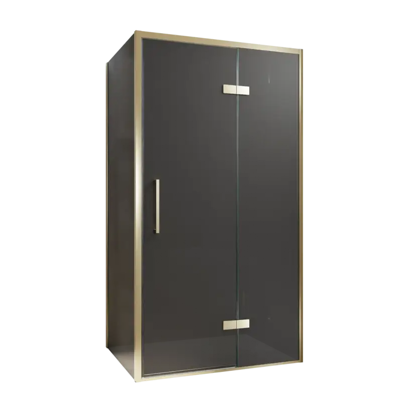 Kracherpreis Balmani Senses Design Eckdusche: Drehtür (Rechts) mit fixierte Seitenwand, 100 x 80 cm, Rauchglas, Profil Brushed Champagner Gold