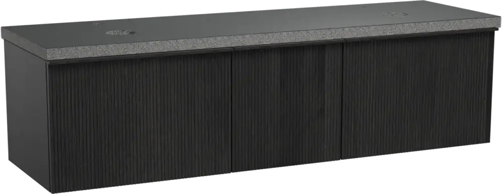 Balmani Forma hängendes Möbelstück Set: 180 x 55 cm, Schwarze Eiche, mit Rock Doppel Waschtischplatte, Granit, Schwarzes Granit, Vertikale symmetrische gerade Rippe Beliebt