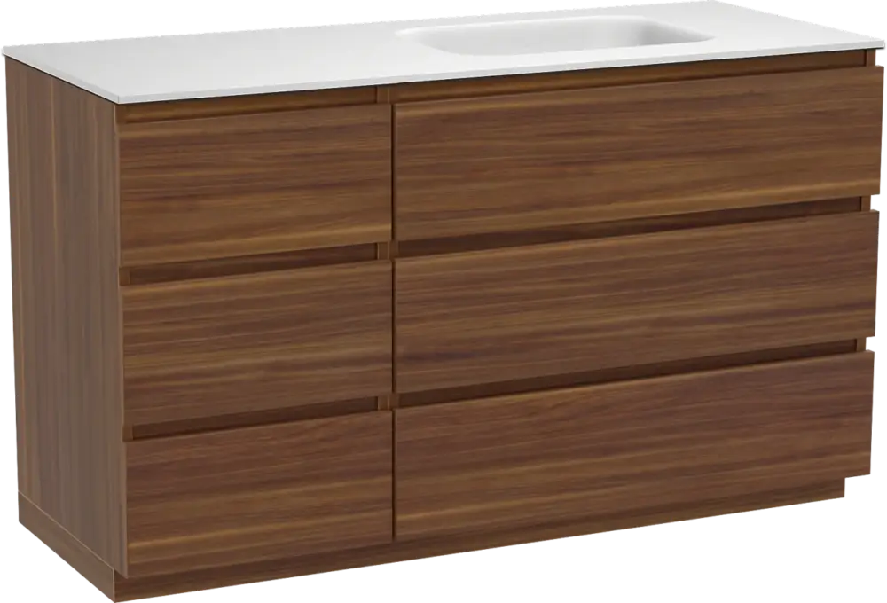 Heißes Angebot Balmani Lucida freistehendes Möbelstück Set: 135 x 55 cm, Amerikanischer Nussbaum, mit Tablo Arcato Waschtisch rechts, Solid Surface Weiß matt