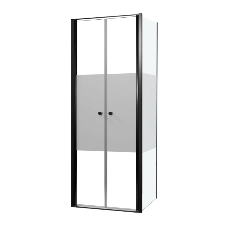 Aktuell Luca Varess Kuresa Eckdusche: Pendeltür, fixierte Seitenwand, 80 x 90 x 200 cm, Klarglas mit mattiertem Streifen, Profil Schwarz matt