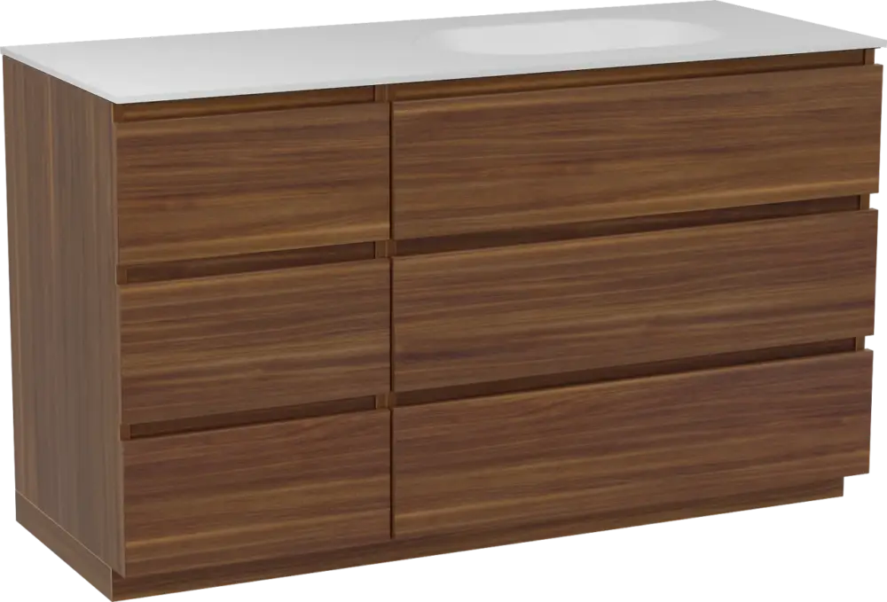 Bestseller Balmani Lucida freistehendes Möbelstück Set: 135 x 55 cm, Amerikanischer Nussbaum, mit Tablo Oval Waschtisch rechts, Solid Surface Weiß matt