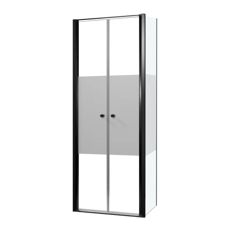 Luca Varess Kuresa Eckdusche: Pendeltür, fixierte Seitenwand, 80 x 80 x 200 cm, Klarglas mit mattiertem Streifen, Profil Schwarz matt Zertifiziert