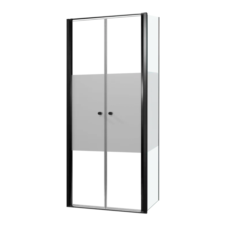 Luca Varess Kuresa Eckdusche: Pendeltür, fixierte Seitenwand, 90 x 80 x 200 cm, Klarglas mit mattiertem Streifen, Profil Schwarz matt Zertifiziert
