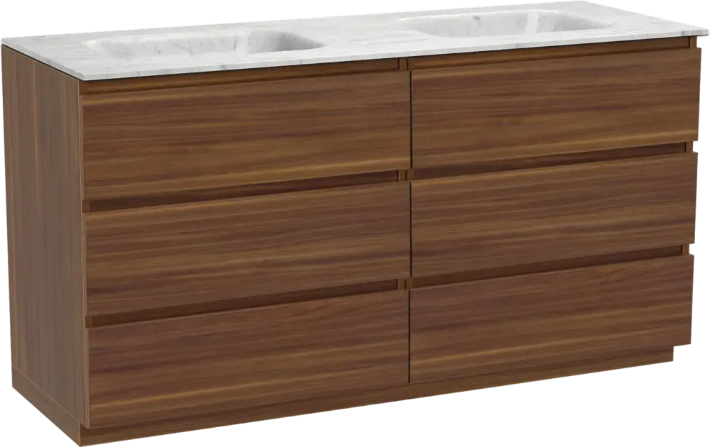 Balmani Lucida freistehendes Möbelstück Set: 150 x 55 cm, Amerikanischer Nussbaum, mit Tablo Arcato Doppelwaschtisch, Marmor Carrara Geprüft