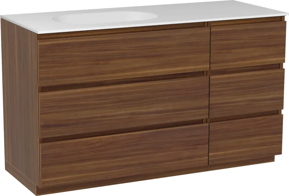 Balmani Lucida freistehendes Möbelstück Set: 135 x 55 cm, Amerikanischer Nussbaum, mit Tablo Oval Waschtisch links, Solid Surface Weiß matt Begrenztes Angebot