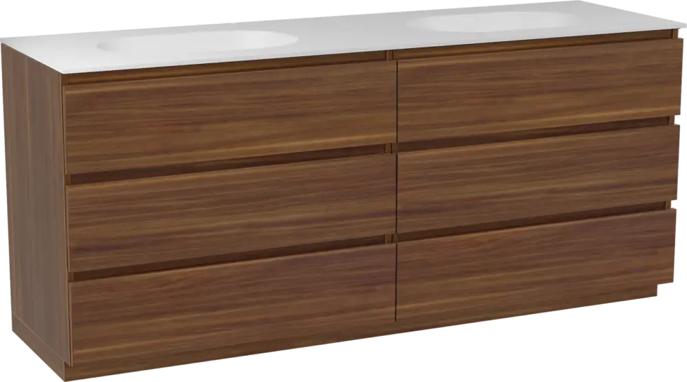 Preis Gesenkt Balmani Lucida freistehendes Möbelstück Set: 180 x 55 cm, Amerikanischer Nussbaum, mit Tablo Oval Doppelwaschtisch, Solid Surface Weiß matt
