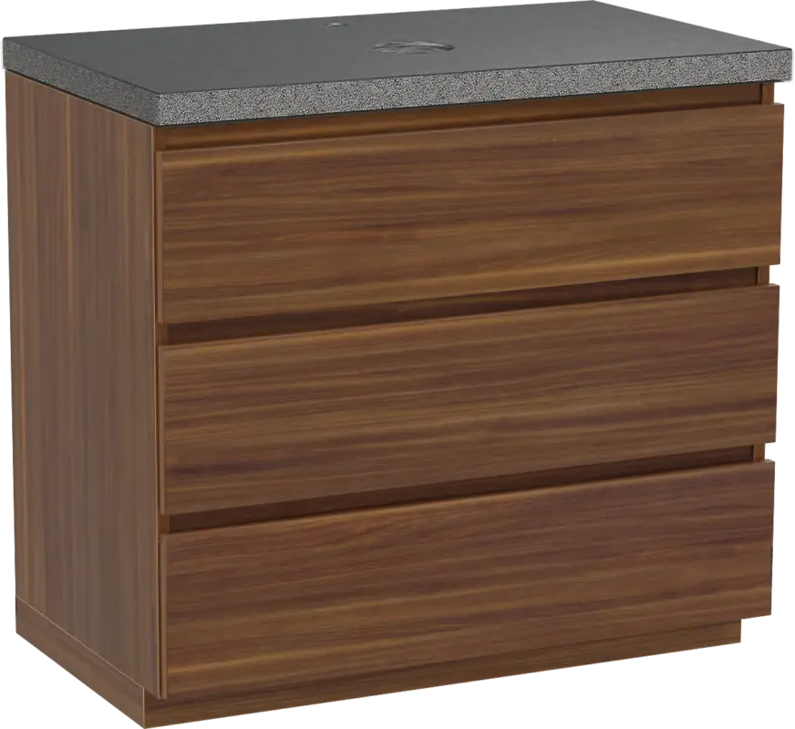 Balmani Lucida freistehendes Möbelstück Set: 90 x 55 cm, Amerikanischer Nussbaum, mit Rock Einzel Waschtischplatte, Schwarzes Granit Nur Heute